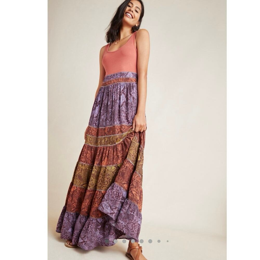 Anthropologie Pink Purple Snake Print Colima Maxi Dress Size XS